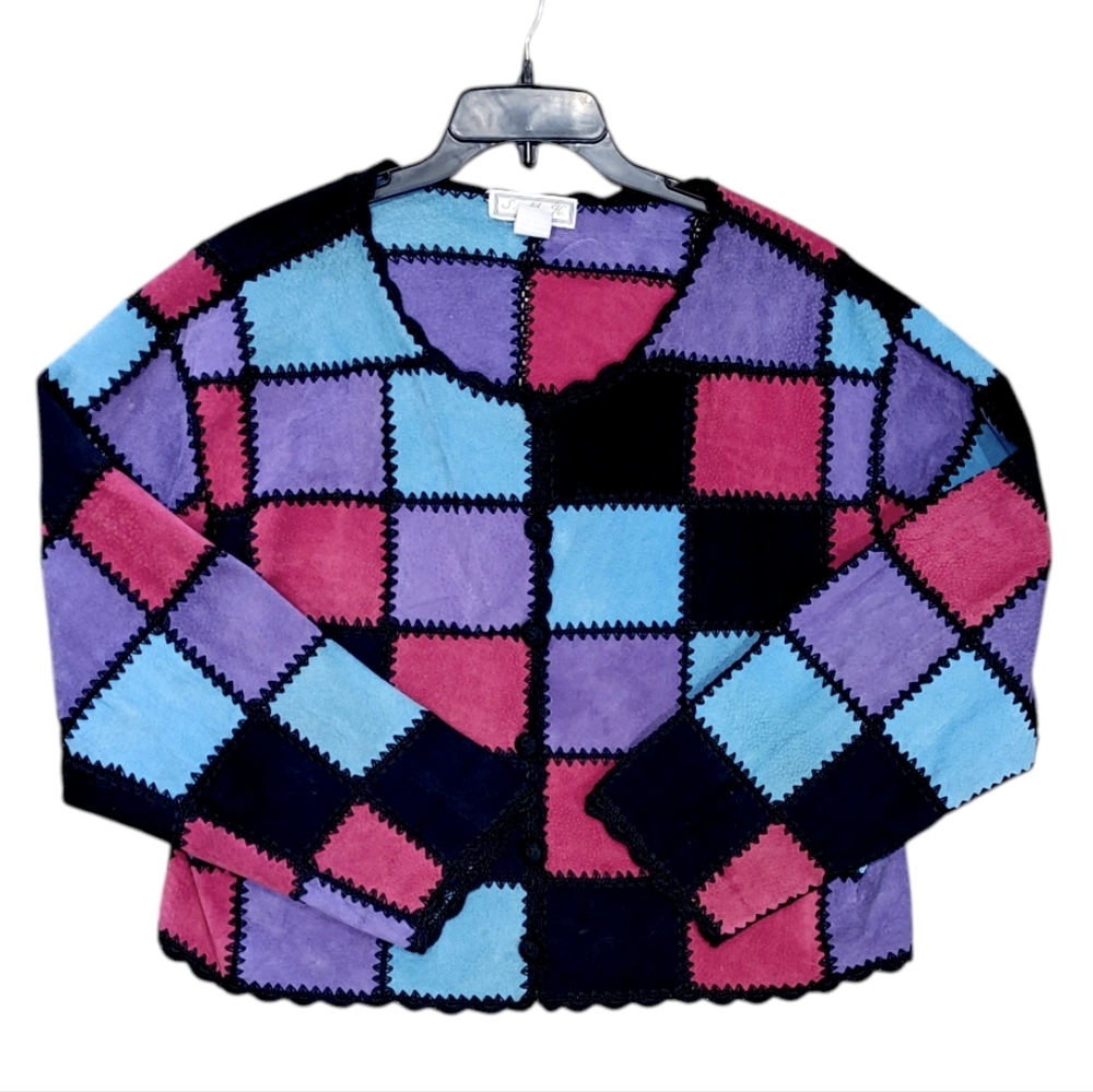 Vintage 90s Colorful Suede Leather Patchwork Crochet Cardigan Women Plus Size 2X